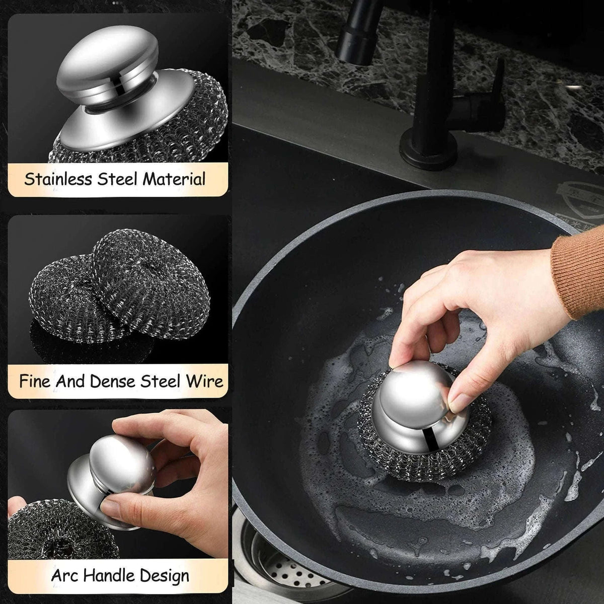 Steel Wool Scrubber with Handle for Tough Kitchen Cleaning-1PC