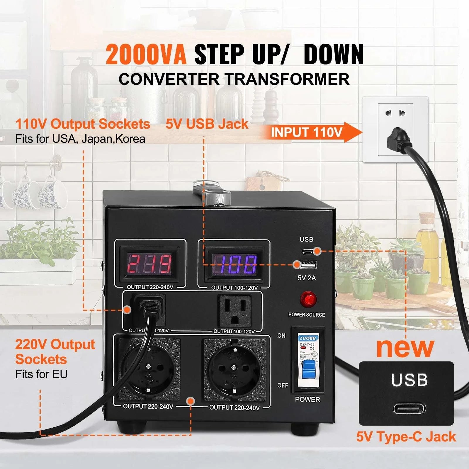 Step Up Down Voltage Converter 2000VA–5000VA with USB & EU/US Outlets-5000VA / spain