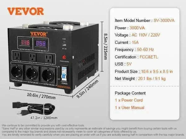 Step Up Down Voltage Converter 2000VA–5000VA with USB & EU/US Outlets-5000VA / spain
