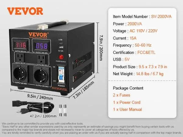 Step Up Down Voltage Converter 2000VA–5000VA with USB & EU/US Outlets-5000VA / spain