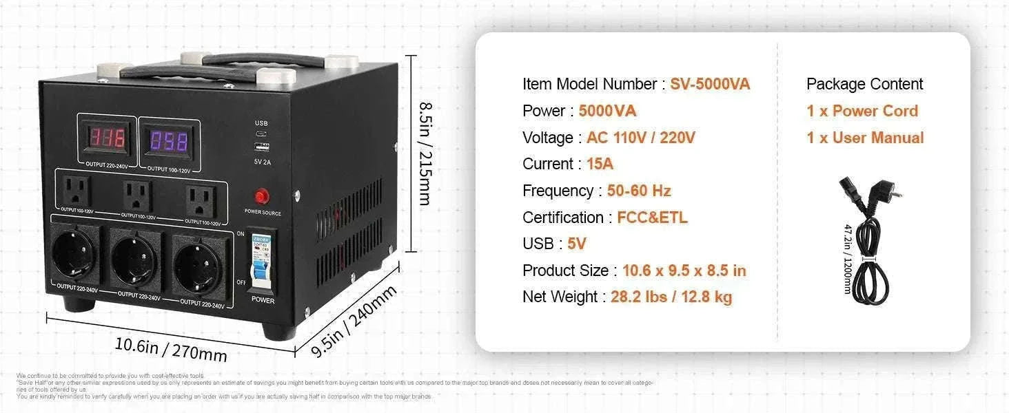 Step Up Down Voltage Converter 2000VA–5000VA with USB & EU/US Outlets-5000VA / spain