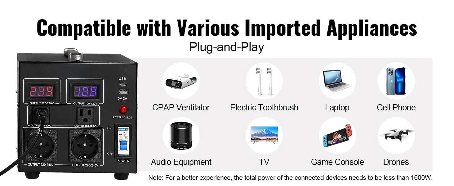 Step Up Down Voltage Converter 2000VA–5000VA with USB & EU/US Outlets-5000VA / spain