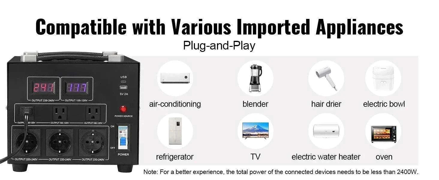 Step Up Down Voltage Converter 2000VA–5000VA with USB & EU/US Outlets-5000VA / spain