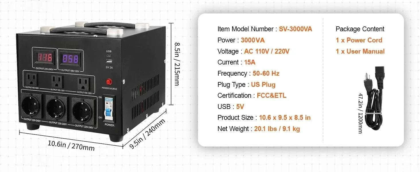 Step Up Down Voltage Converter 2000VA–5000VA with USB & EU/US Outlets-5000VA / spain
