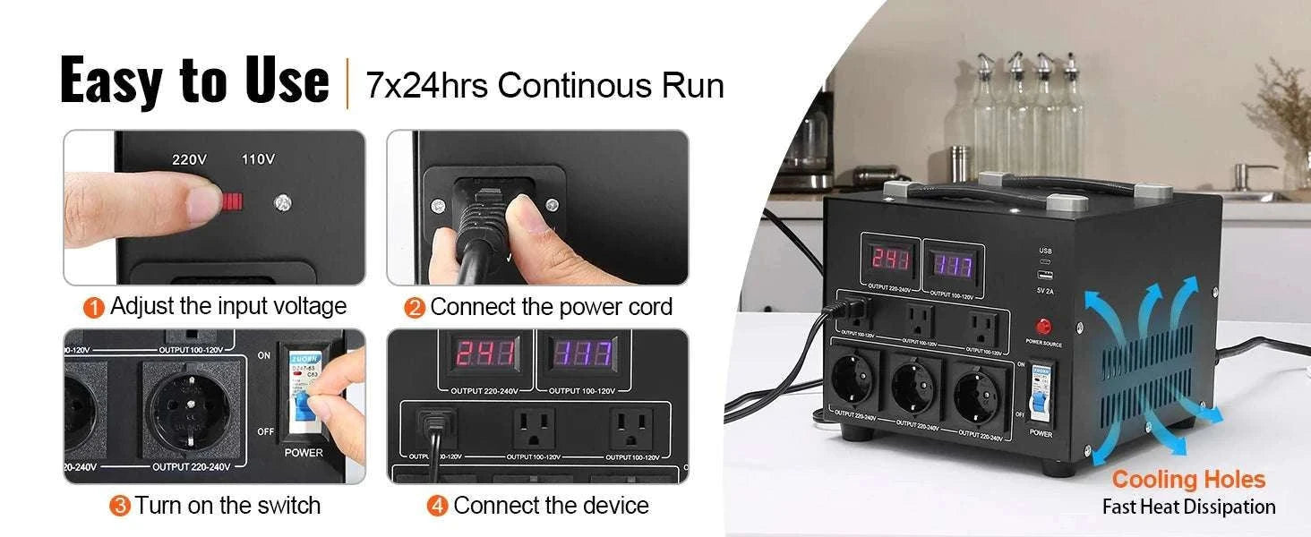 Step Up/Down Voltage Converter 2000VA–5000VA with USB & Multi Outlets-5000VA / United States