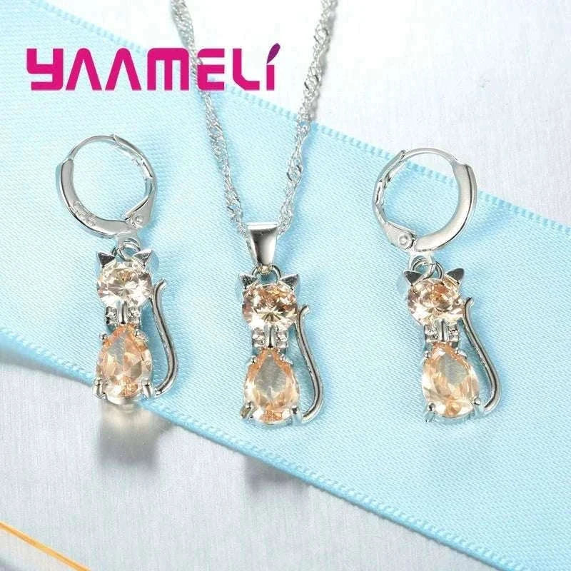 Sterling Silver Cat Jewelry Set with Crystal Detail-Red