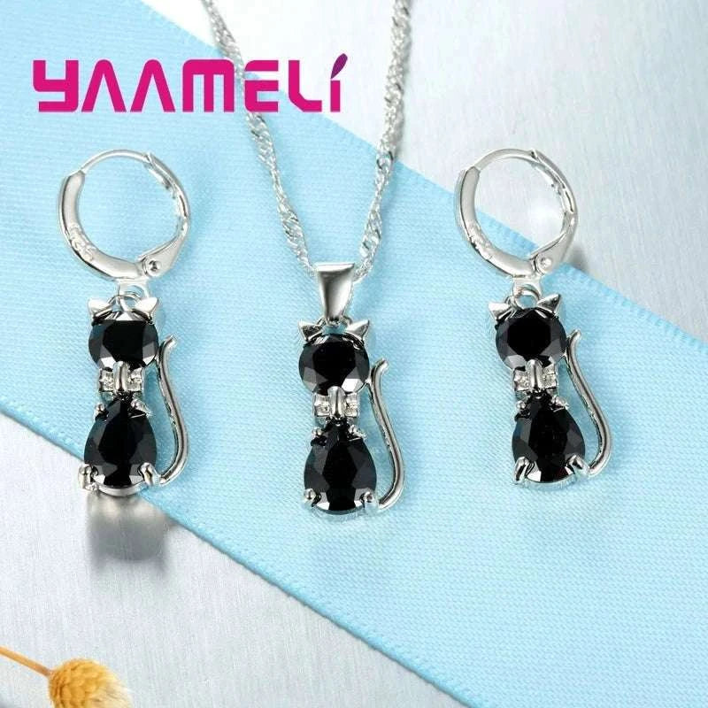 Sterling Silver Cat Jewelry Set with Shining Crystal Details-Red