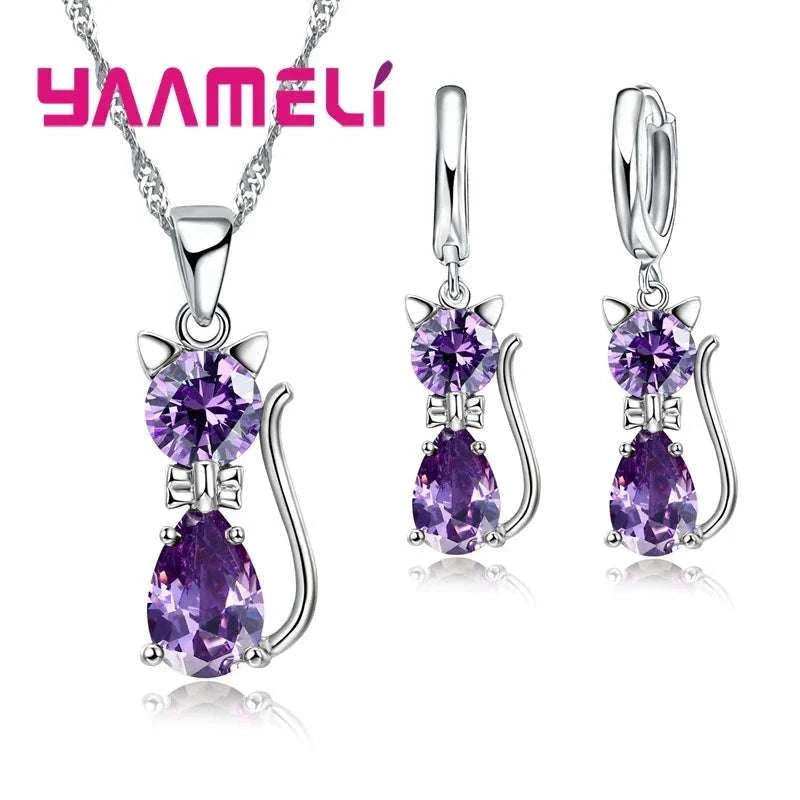 Sterling Silver Cat Jewelry Set with Shining Crystal Details-Red