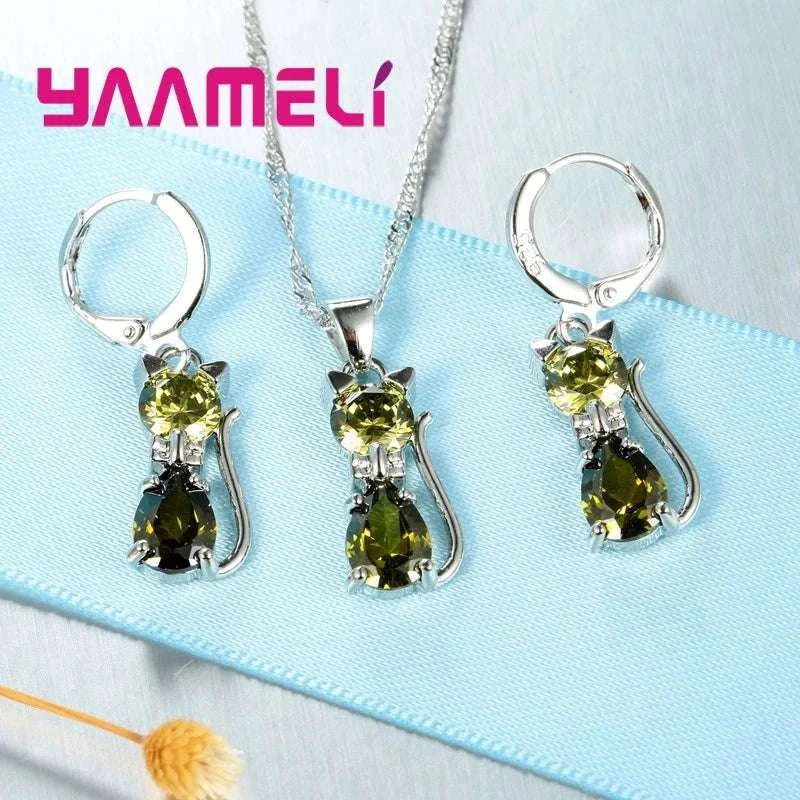 Sterling Silver Cat Jewelry Set with Shining Crystal Details-Red