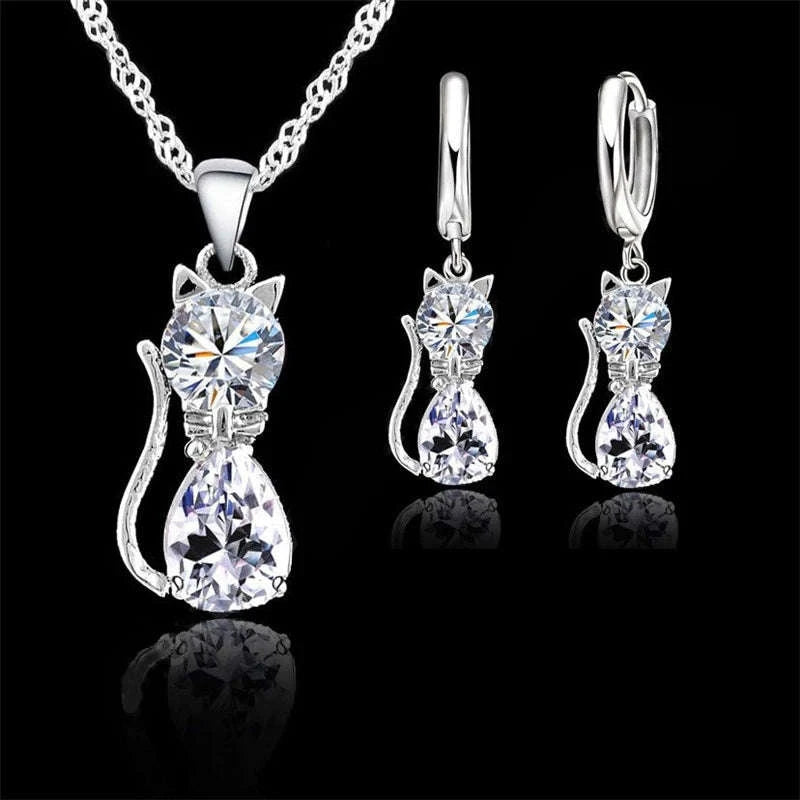 Sterling Silver Cat Jewelry Set with Shining Crystal Details-Red