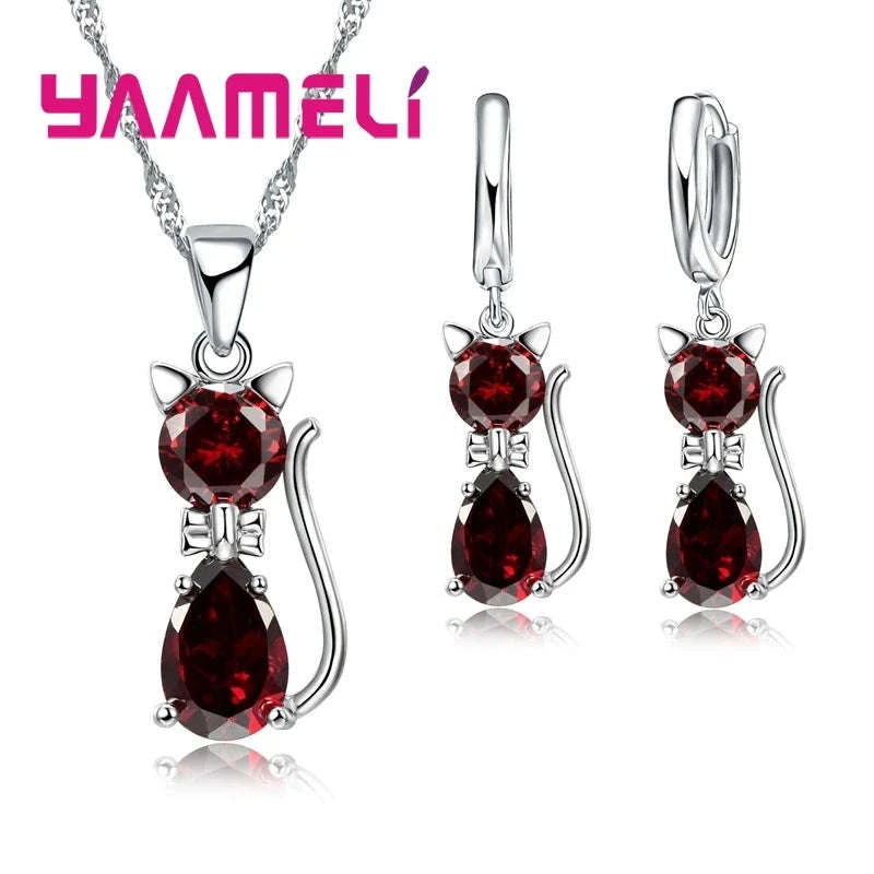 Sterling Silver Cat Jewelry Set with Shining Crystal Details-Red