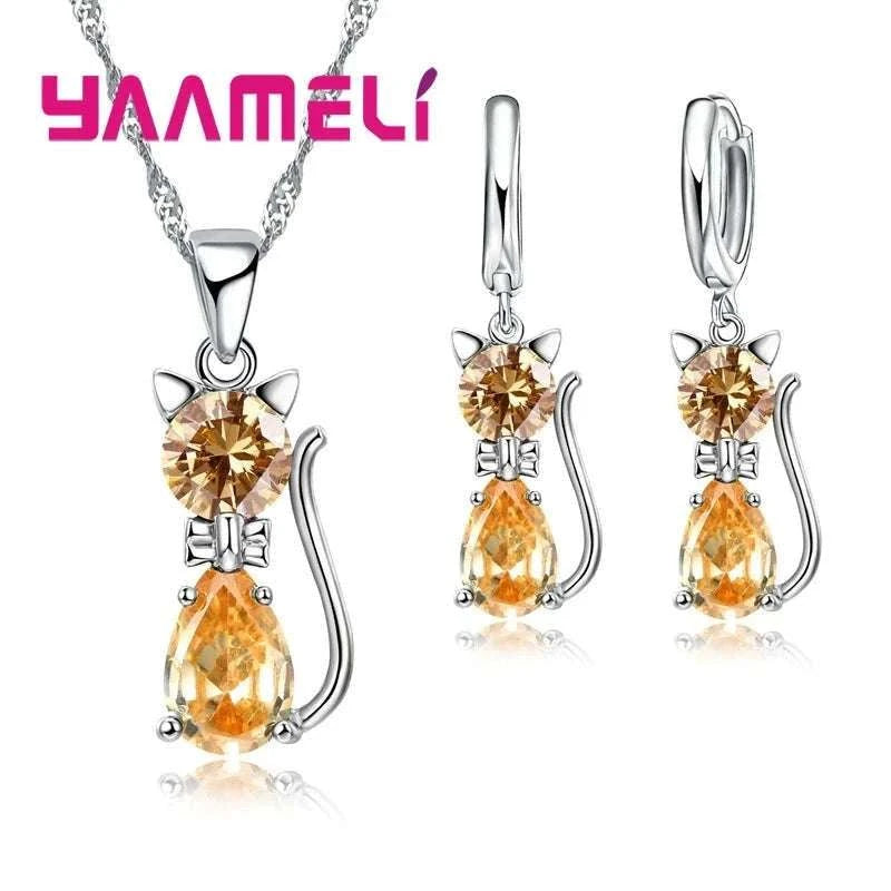 Sterling Silver Cat Jewelry Set with Shining Crystal Details-Red