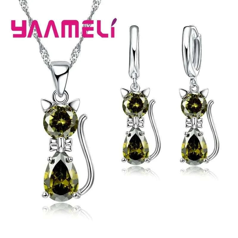 Sterling Silver Cat Jewelry Set with Shining Crystal Details-Red