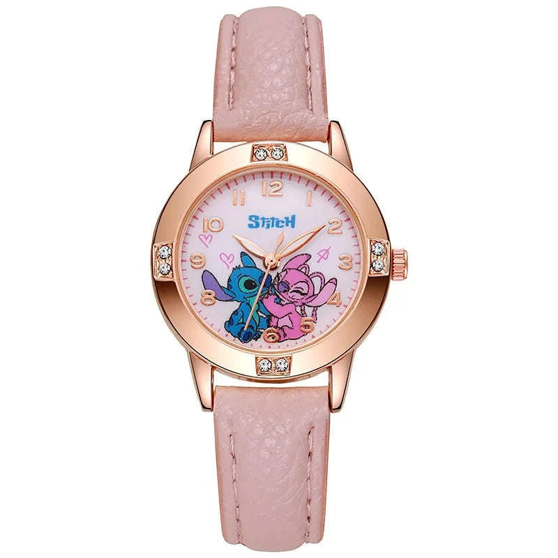 Stitch Cartoon Kids Watch with Leather Strap and Rhinestone Dial-Sky Blue