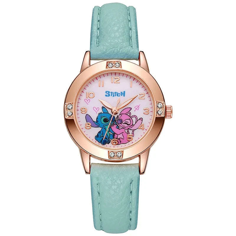 Stitch Cartoon Kids Watch with Leather Strap and Rhinestone Dial-Sky Blue