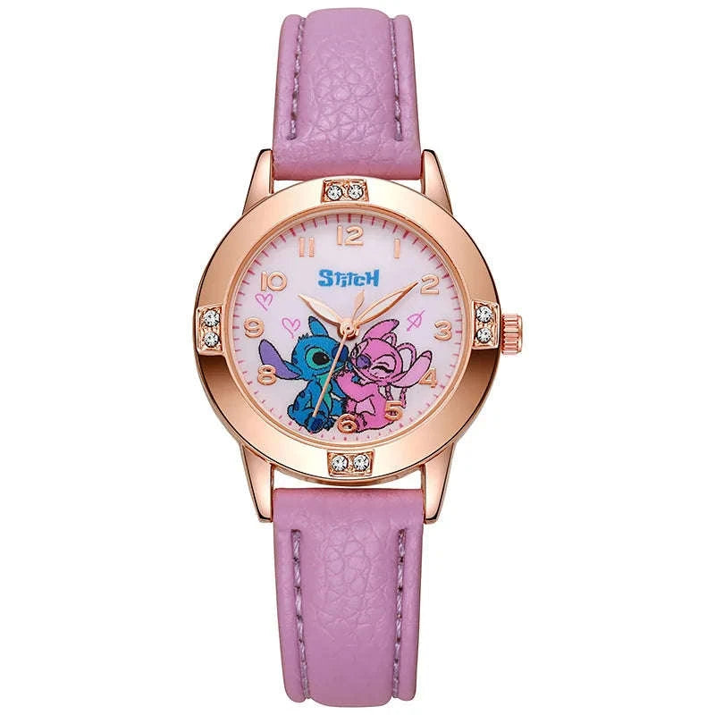 Stitch Cartoon Kids Watch with Leather Strap and Rhinestone Dial-Sky Blue