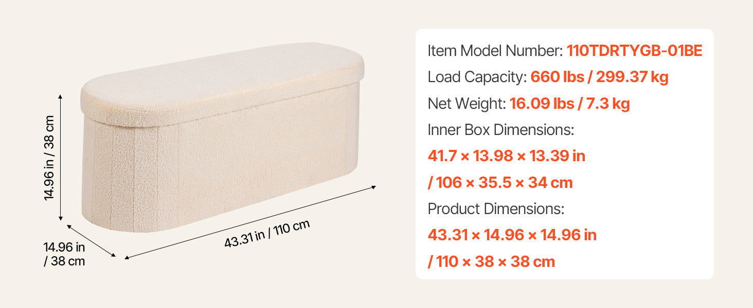 Foldable Storage Ottoman Bench with Hidden Compartments, 660lb Support