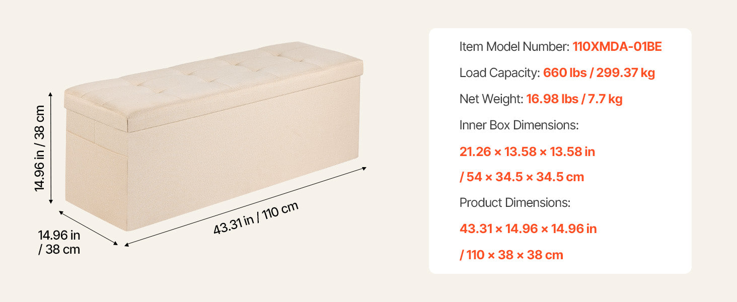 Foldable Storage Ottoman Bench with Hidden Compartments, 660lb Support