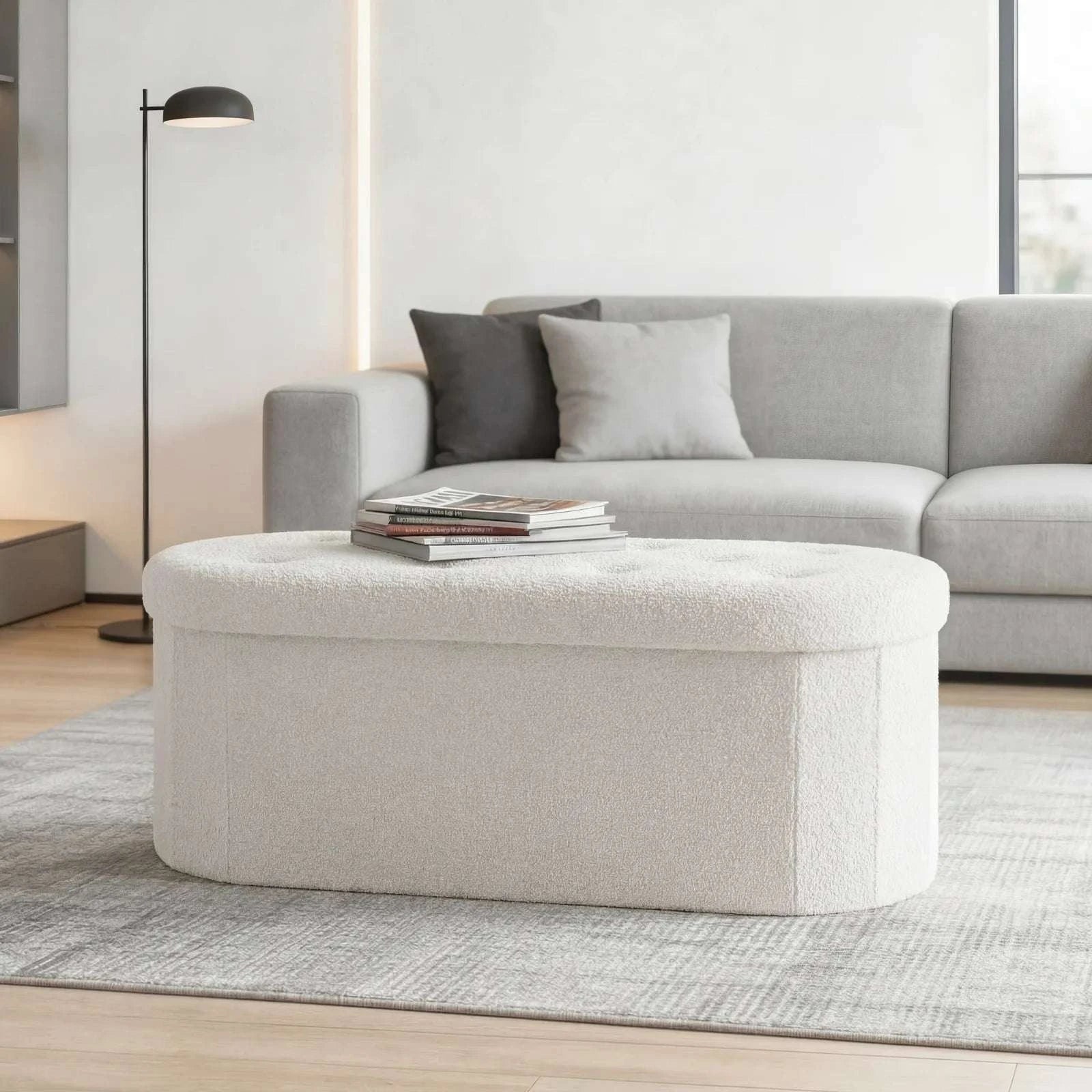 Storage Ottoman Bench 43 Inch with Hidden Storage and Cushion Seat-43IN White / United States