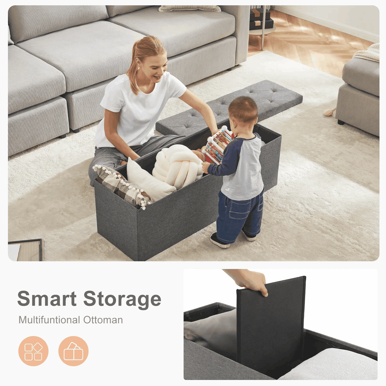 Storage Ottoman Bench with Hidden Toy Box Linen Stool 43in-SMALL / United States