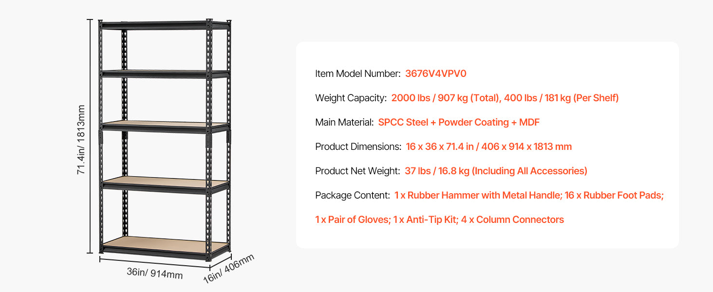 5-Tier Metal Garage Shelving Unit 2000 lbs Capacity Adjustable Rack