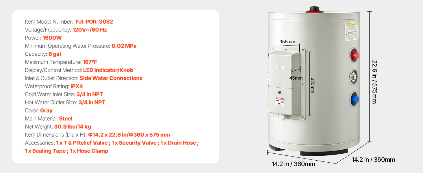 Chauffe-eau électrique de 6 gallons 1600W unité de point d'utilisation