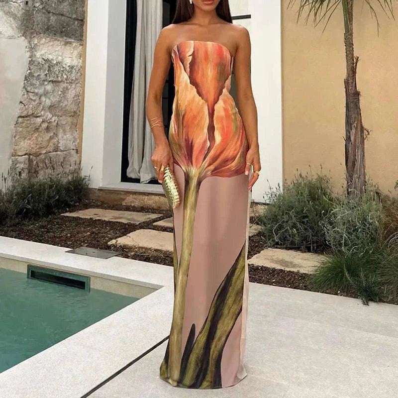 Strapless Printed Maxi Dress-green / L / CHINA