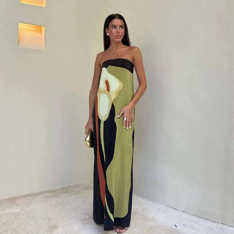 Strapless Printed Maxi Dress with Flowy, Feminine Silhouette-green / L / CHINA