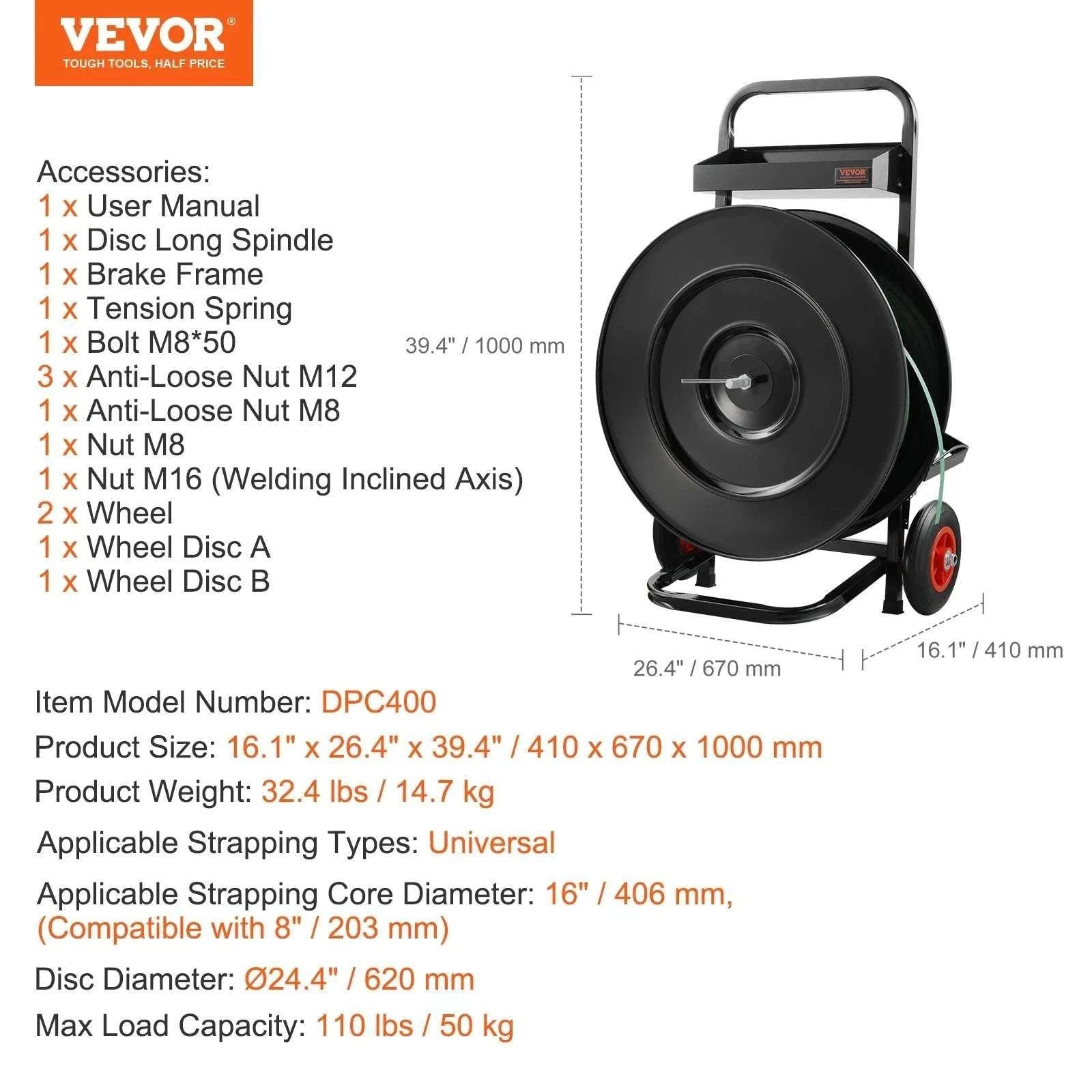 Strapping Dispenser Cart with Anti-Tangle Brake for 8" & 16" Coils-16in new / United States