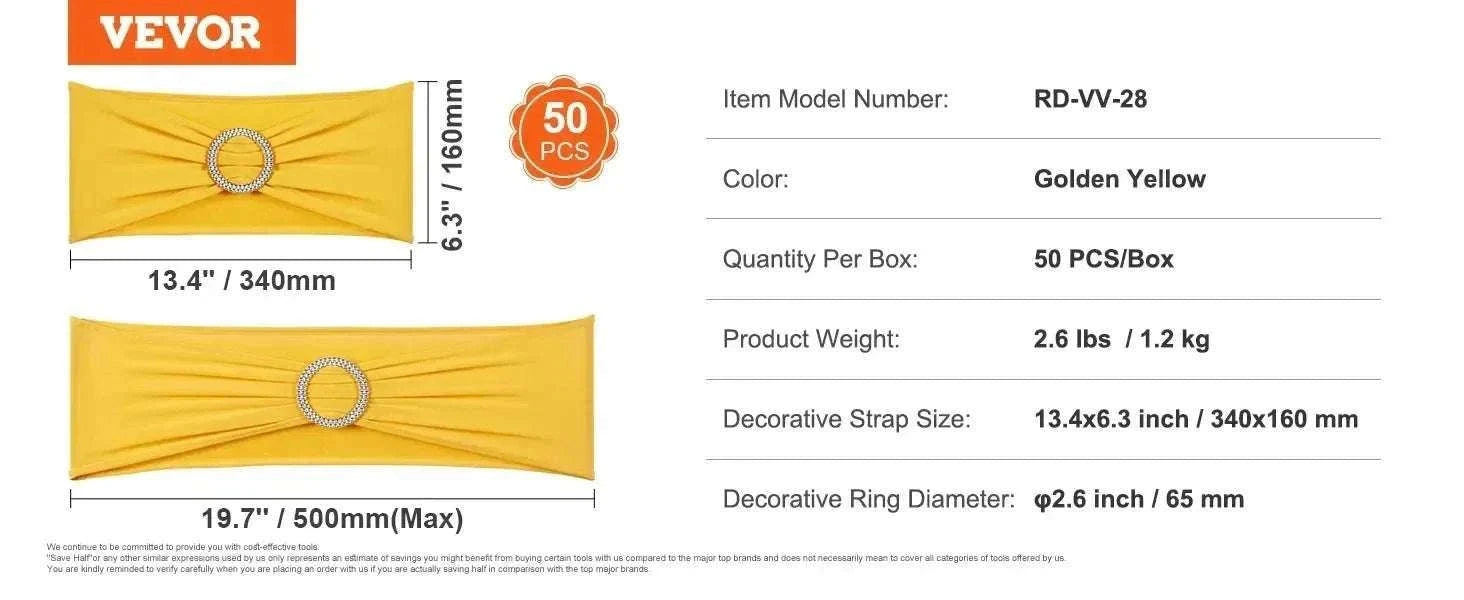 Stretch Spandex Chair Sashes with Buckle, 50 PCS Golden Yellow-United States