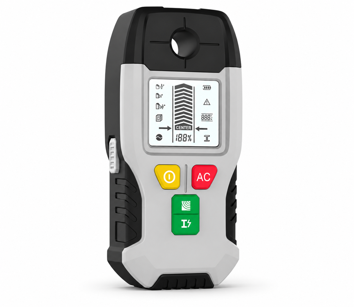 Gray handheld wall stud finder on white background