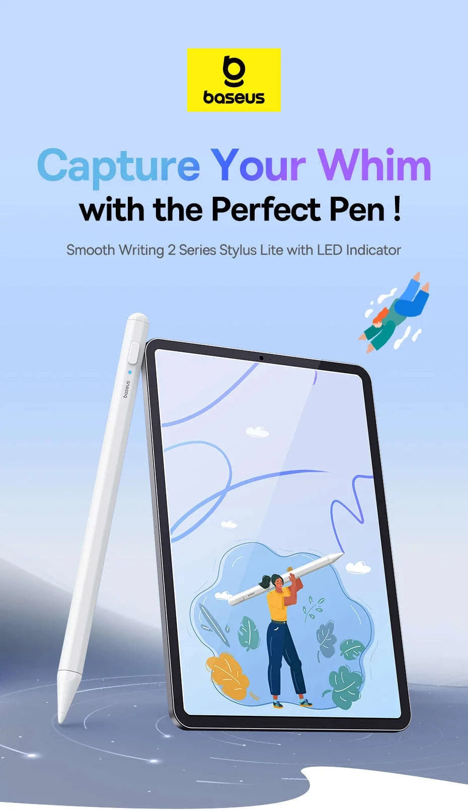 Stylus Pen for iPad with Palm Rejection, LED & Magnetic Design-WHITE