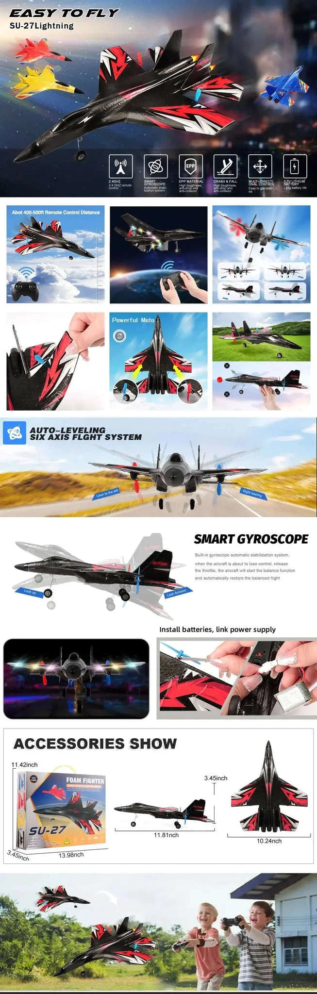 SU35 RC Plane – LED Lights, Agile Control, Outdoor & Indoor Flight-Yellow