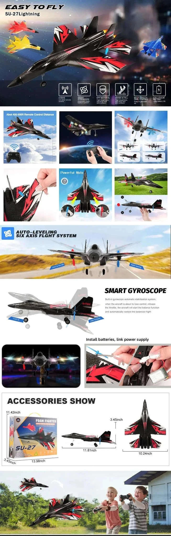 SU35 RC Plane with LED Lights and 2.4GHz Control-Yellow