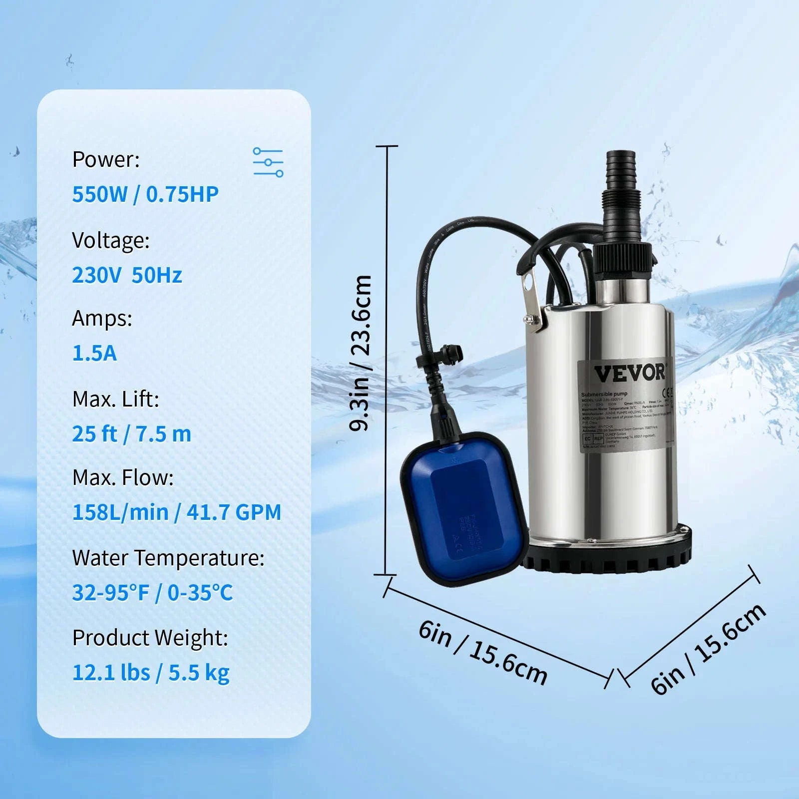 Submersible Sewage Pump for Water Drainage-550W 0.75HP / EU / spain