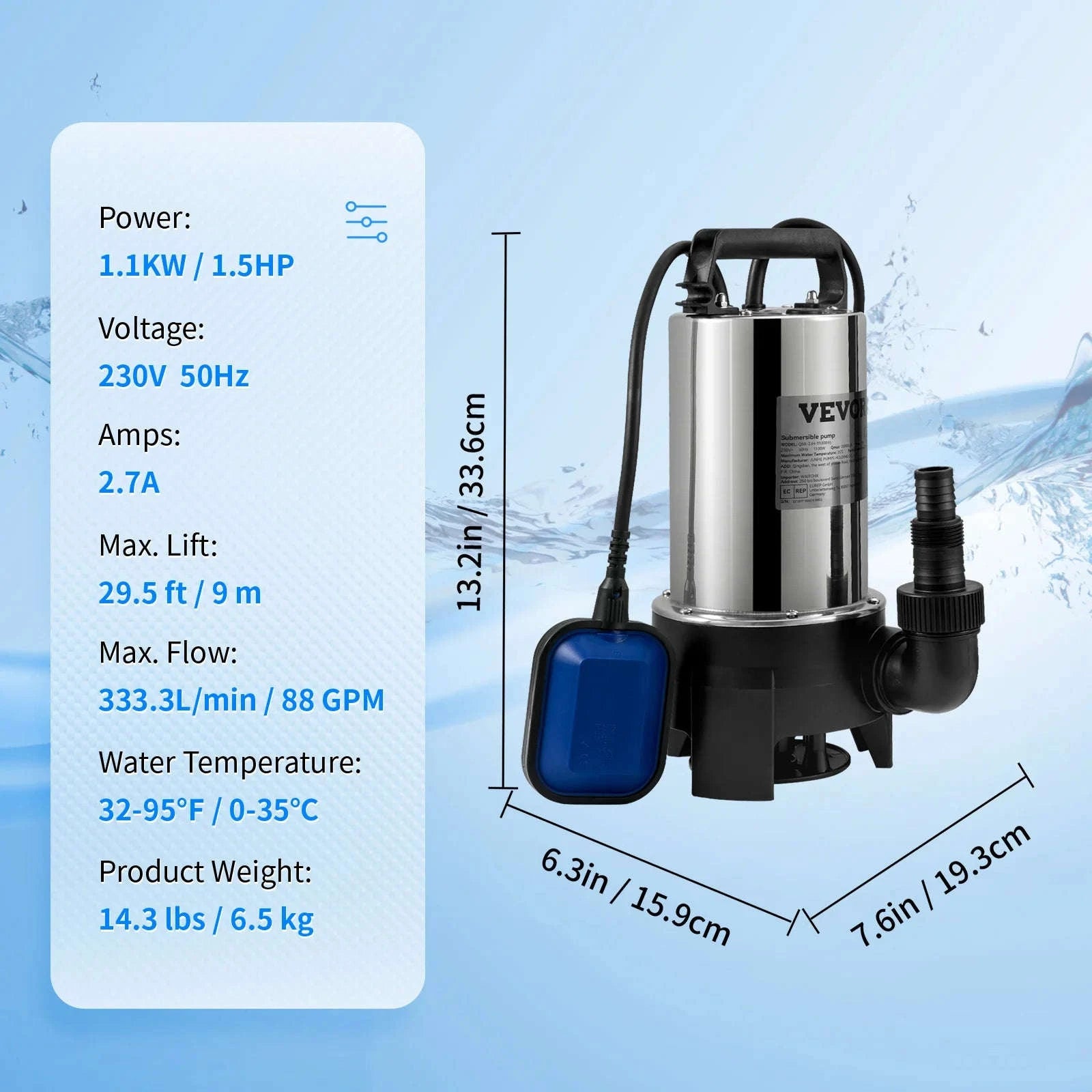 Submersible Sewage Pump for Water Drainage-550W 0.75HP / EU / spain