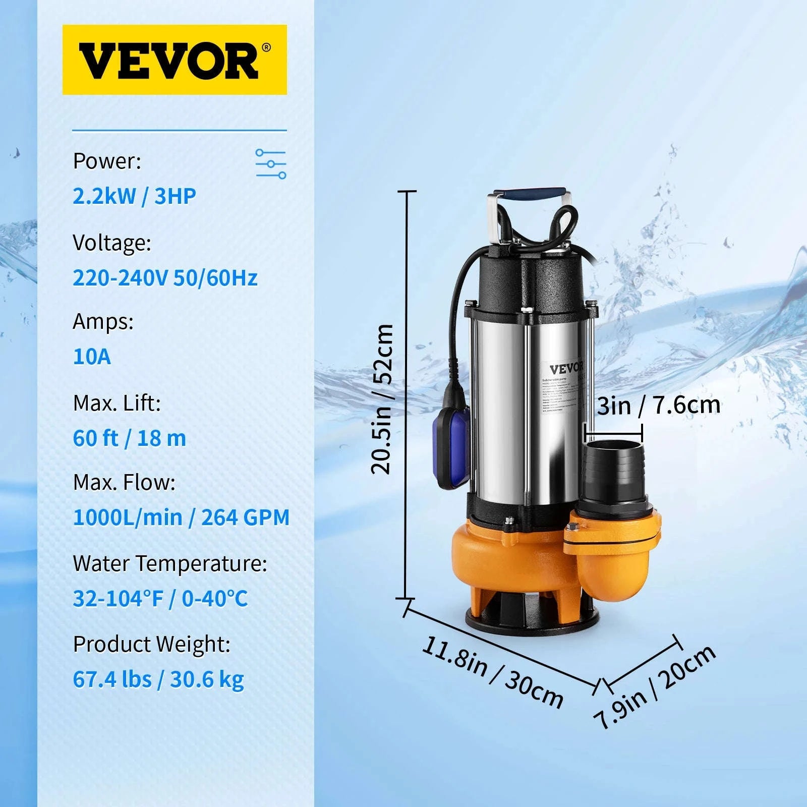 Submersible Sewage Pump for Water Drainage-550W 0.75HP / EU / spain