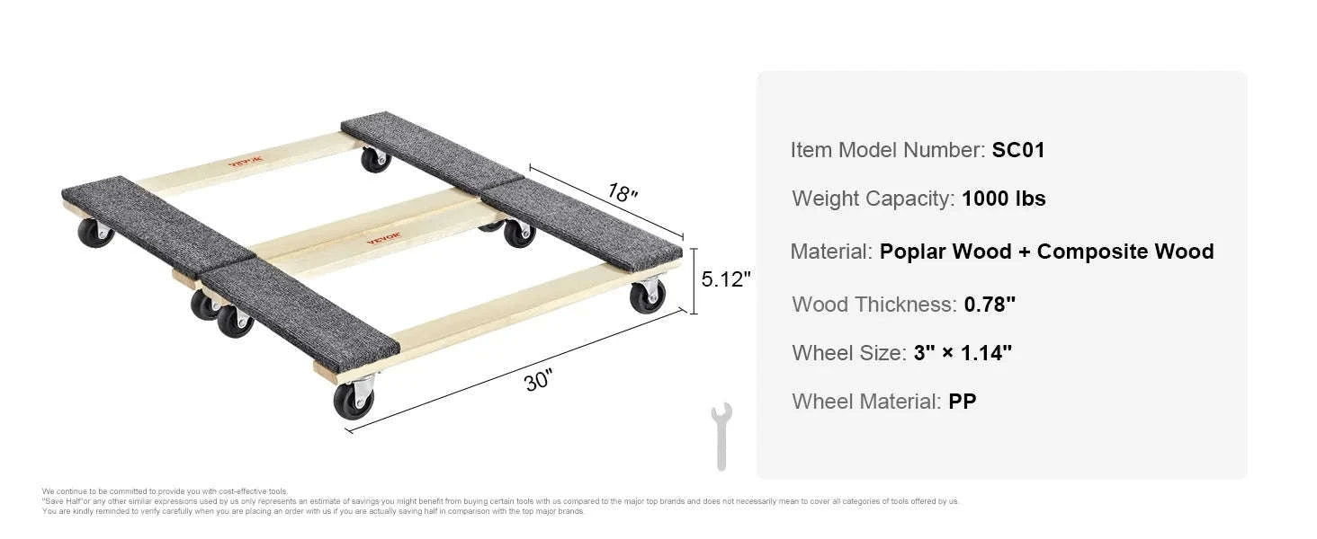 SucceBuy 1000lbs Furniture Moving Pallet Trolley Industrial Machinery Mover with PP Swivel Casters for Transporting Cargo Fridge-1PC / United States
