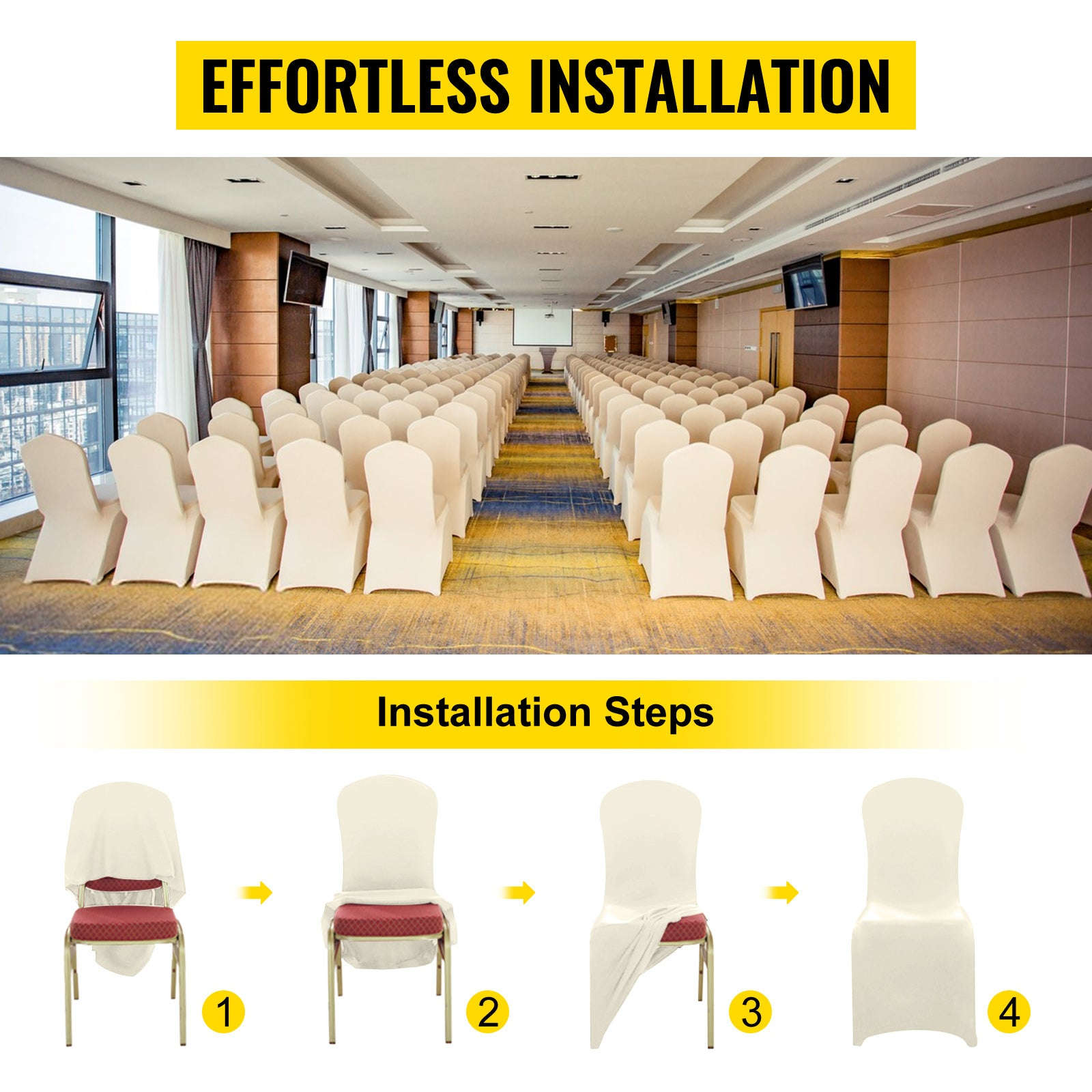 SucceBuy 100Pcs Wedding Chair Covers Stretch Polyester Spandex Slipcover Folding Flat Front Chair Covers for Hotel Dining Party-Ivory 100pcs / france