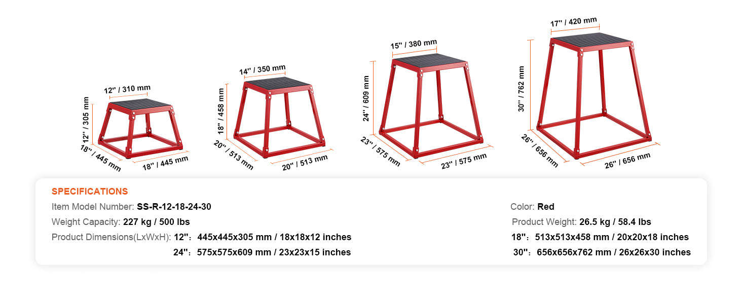 SucceBuy 12/18/24/30inch Plyometric Jump Box Plyo Box Platform Black For Home Gym Training Conditioning Strength Training 3/4pcs-3pcs Red / United States