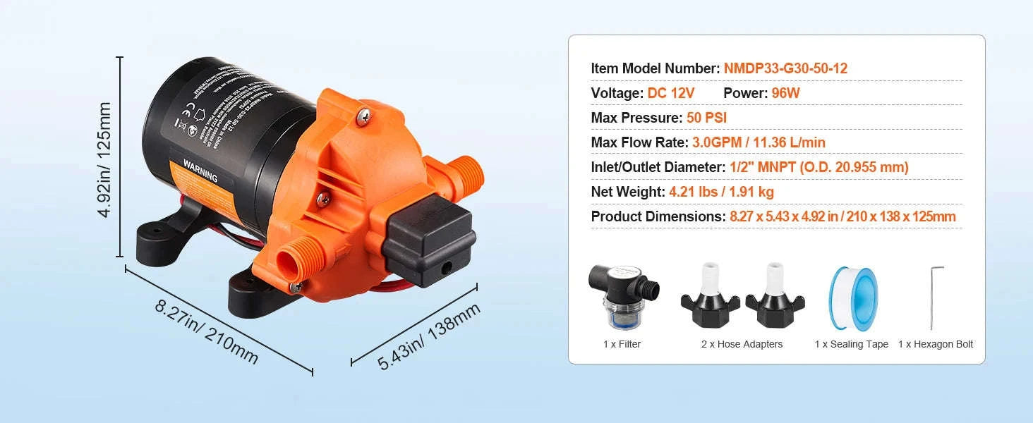 SucceBuy 12V Diaphragm Pump 1.8/3/3.5/5 GPM 3/4/5-Chamber 40-100 PSI Adjustable 1/2'' MNPT Port for RV Yacht Food Truck Camper-5.0 GPM 5-Chamber / EU / Poland