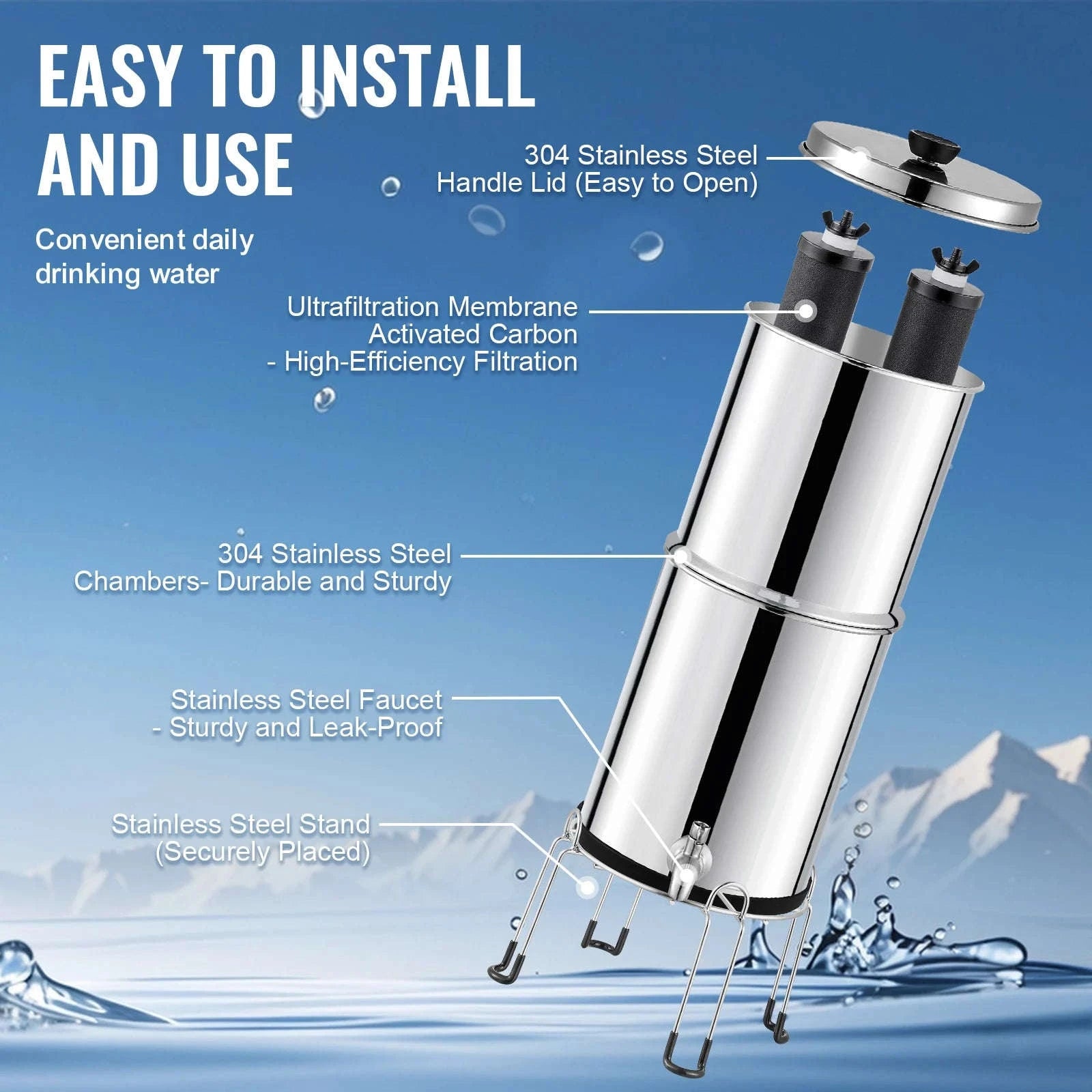 SucceBuy 2.25Gallon Gravity-fed Water Filter System 304Stainless-Steel  Water Filtration System with Carbon Filters/Spigot/Stand-2.25 Gallon / United States