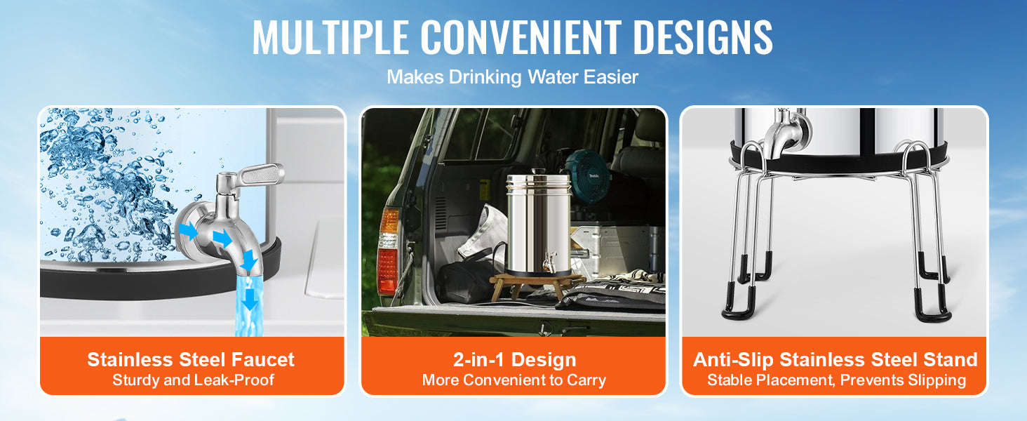 SucceBuy 2.25Gallon Gravity-fed Water Filter System 304Stainless-Steel  Water Filtration System with Carbon Filters/Spigot/Stand-2.25 Gallon / United States