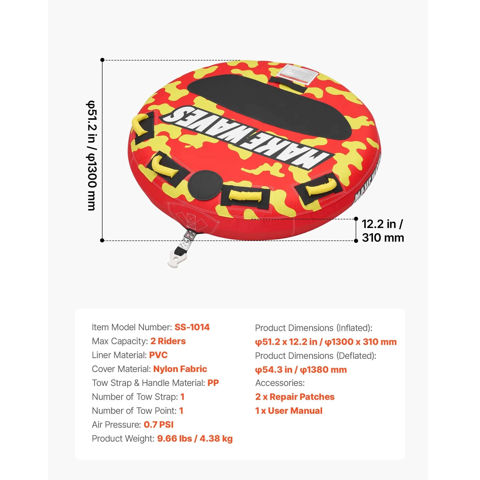 SucceBuy 2/3 Rider Towable Tubes Boating 340/510/680 lbs Inflatable Tube Anti-Slip Pad Nylon Cover Padded Handles Safety Valve-3 Riders TypeA / United States