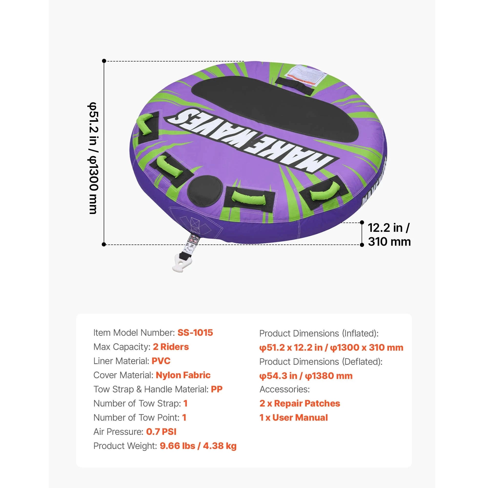 SucceBuy 2/3 Rider Towable Tubes Boating 340/510/680 lbs Inflatable Tube Anti-Slip Pad Nylon Cover Padded Handles Safety Valve-3 Riders TypeA / United States