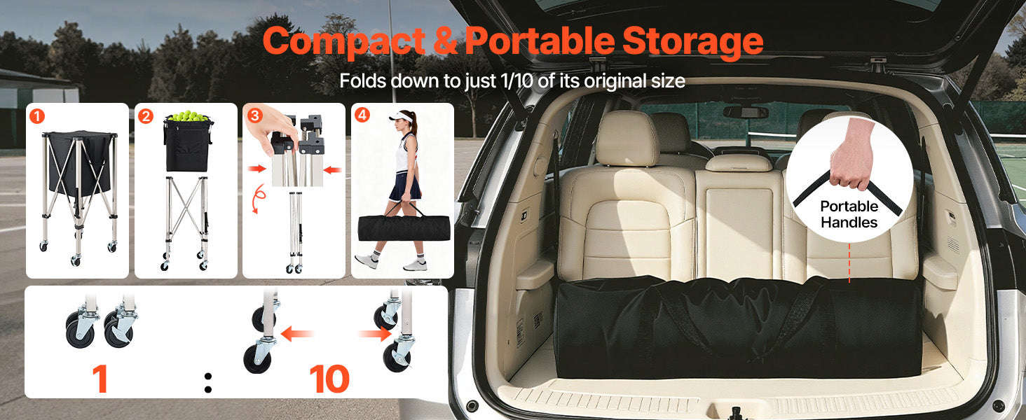 SucceBuy 200 Tennis Balls Hopper Foldable Pickleball Basket Cart with Wheels & Storage Bag for Training Teaching Easy Pick Up-Holds 200 Balls / United States
