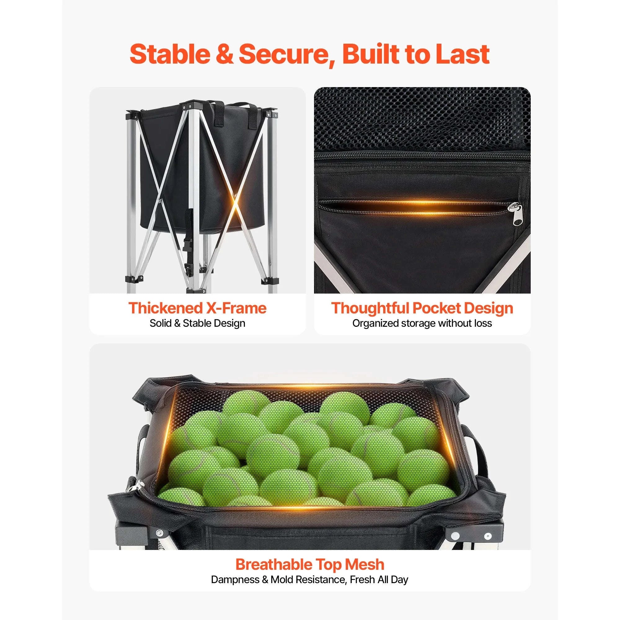 SucceBuy 200 Tennis Balls Hopper Foldable Pickleball Basket Cart with Wheels & Storage Bag for Training Teaching Easy Pick Up-Holds 200 Balls / United States