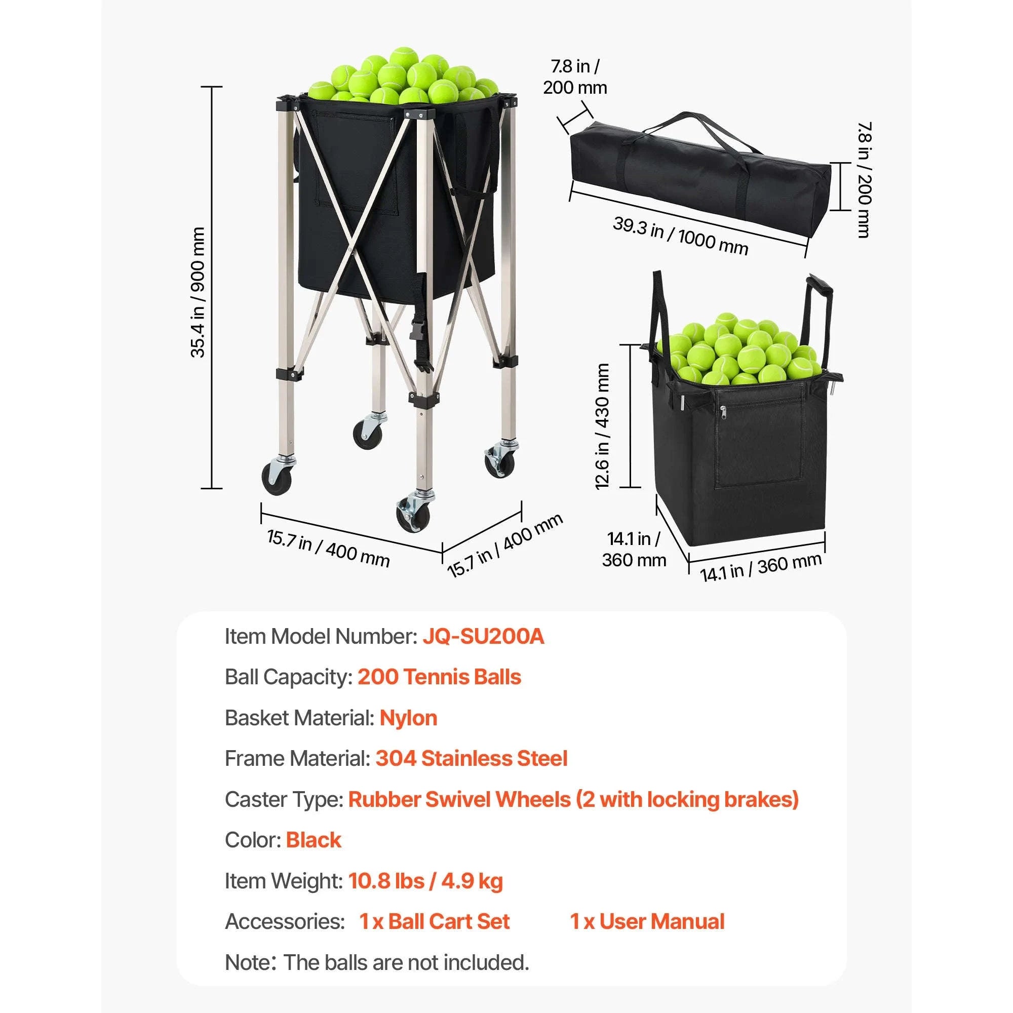 SucceBuy 200 Tennis Balls Hopper Foldable Pickleball Basket Cart with Wheels & Storage Bag for Training Teaching Easy Pick Up-Holds 200 Balls / United States