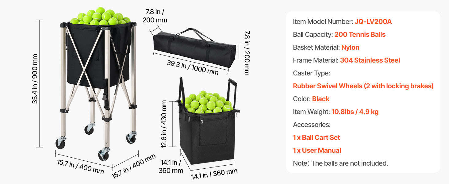 SucceBuy 200 Tennis Balls Hopper Foldable Pickleball Basket Cart with Wheels & Storage Bag for Training Teaching Easy Pick Up-Holds 200 Balls / United States