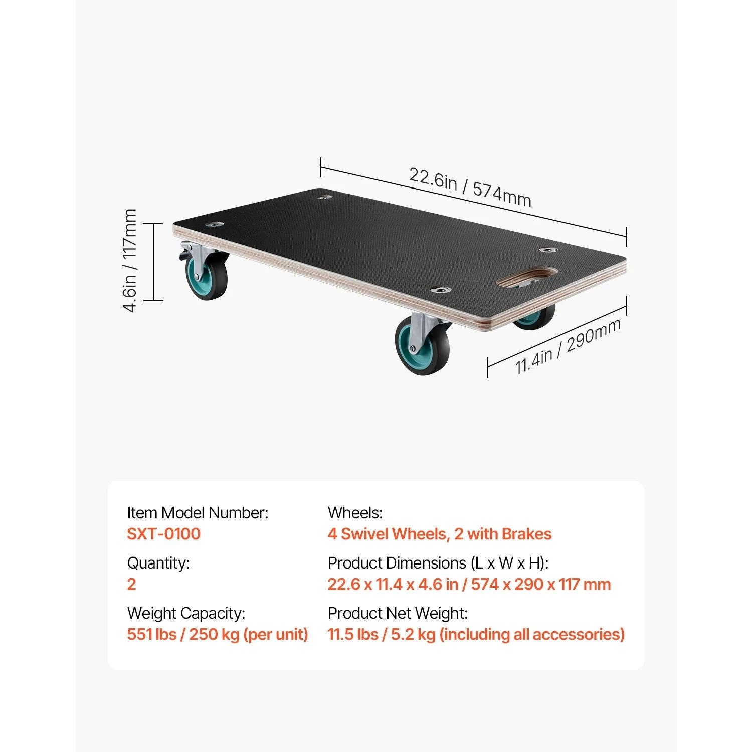 SucceBuy 2Pack Furniture Mover Dolly Fridge Moving Roller with 4TPR Wheels Rectangle Flat Dolly for Piano Washing Machine-2 Pack / CZECH REPUBLIC